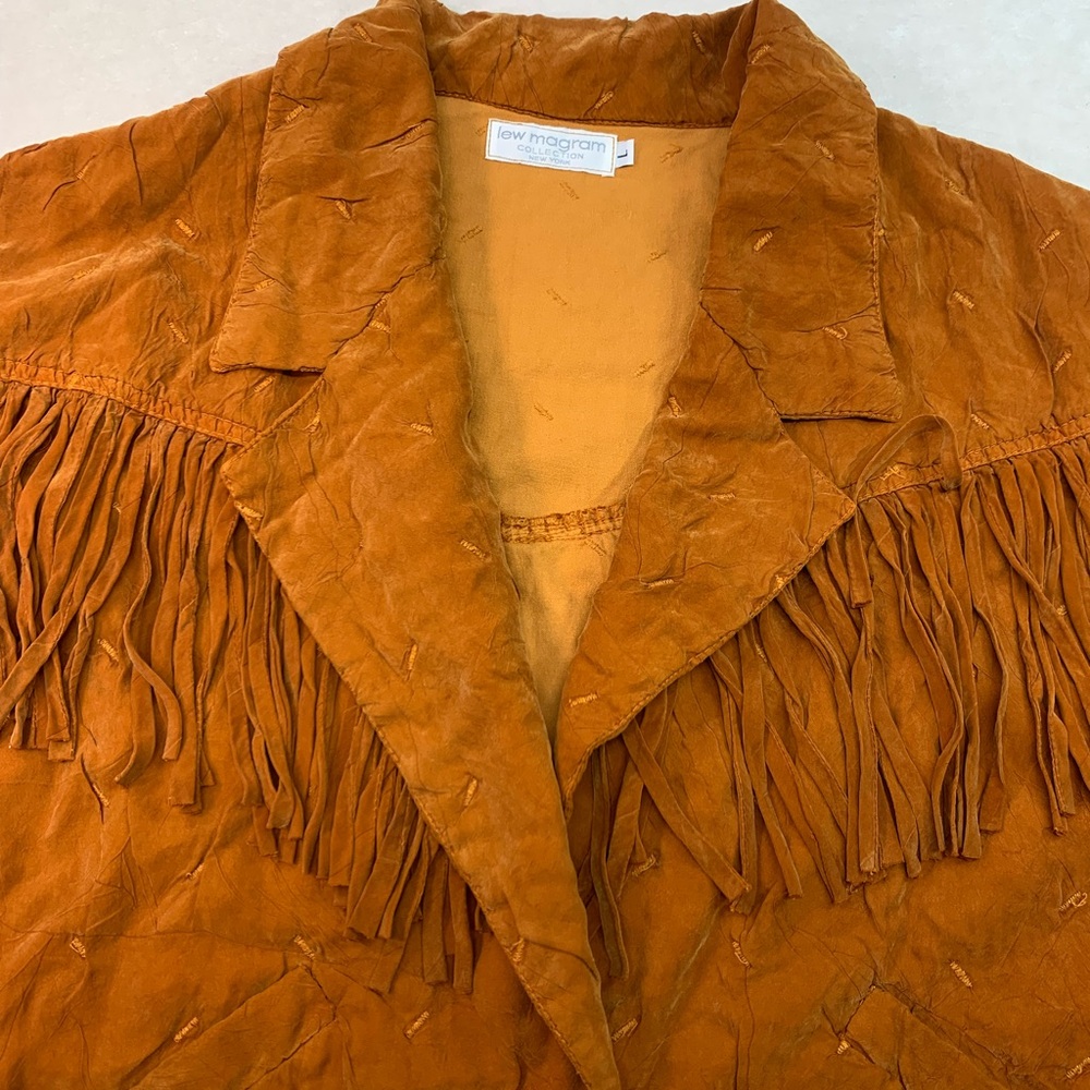 Lew Magram NY Women's large burnt orange Fringe Jacket soft crinkle rayon